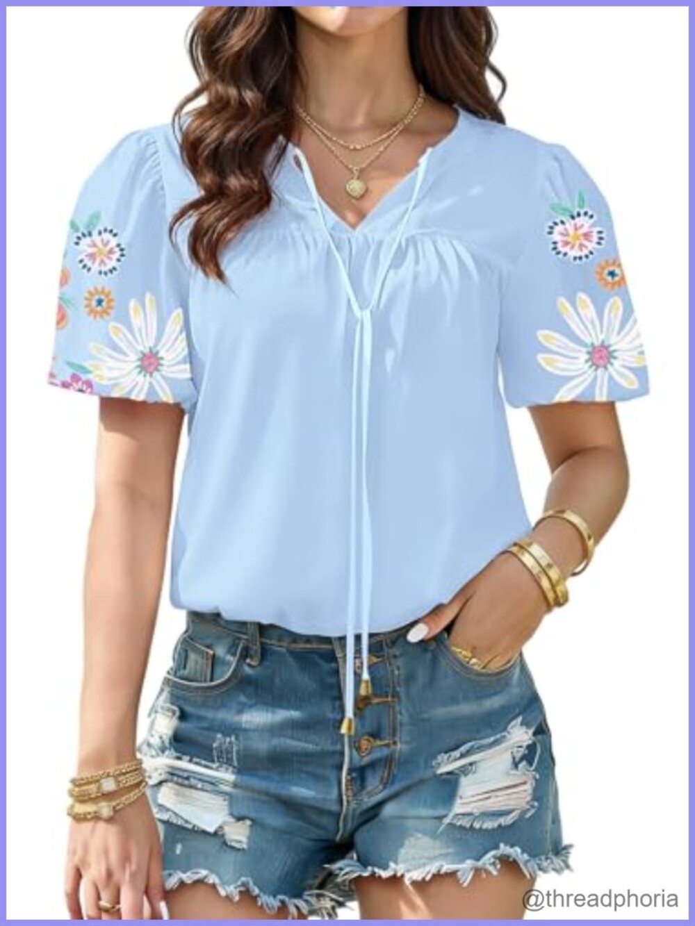 Women's Boho V Neck Puff Sleeve Peasant Blouse Tie Front Tunic Top